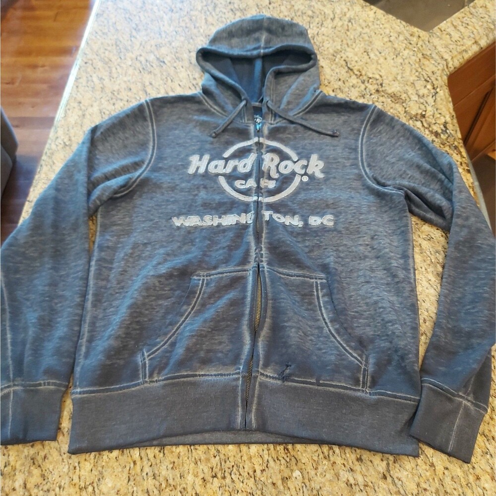 Hard Rock Cafe Men's Full Zip Hooded Jacket Size Medium Navy Blue Washington DC